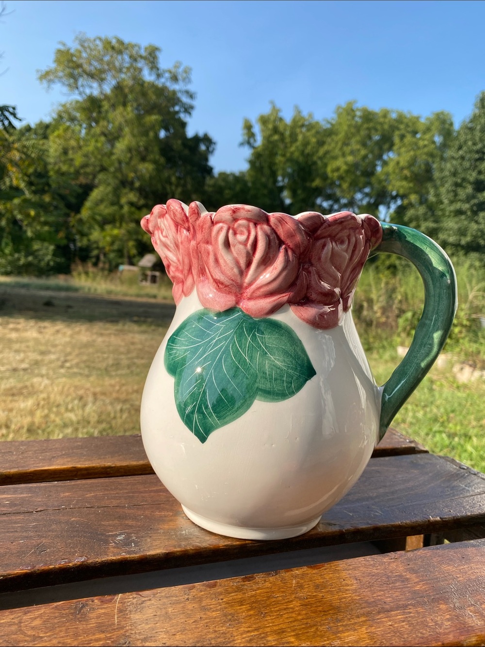 Vintage Bassano Ceramic Rose Pitcher Raised Roses & Petals Italy 1960s